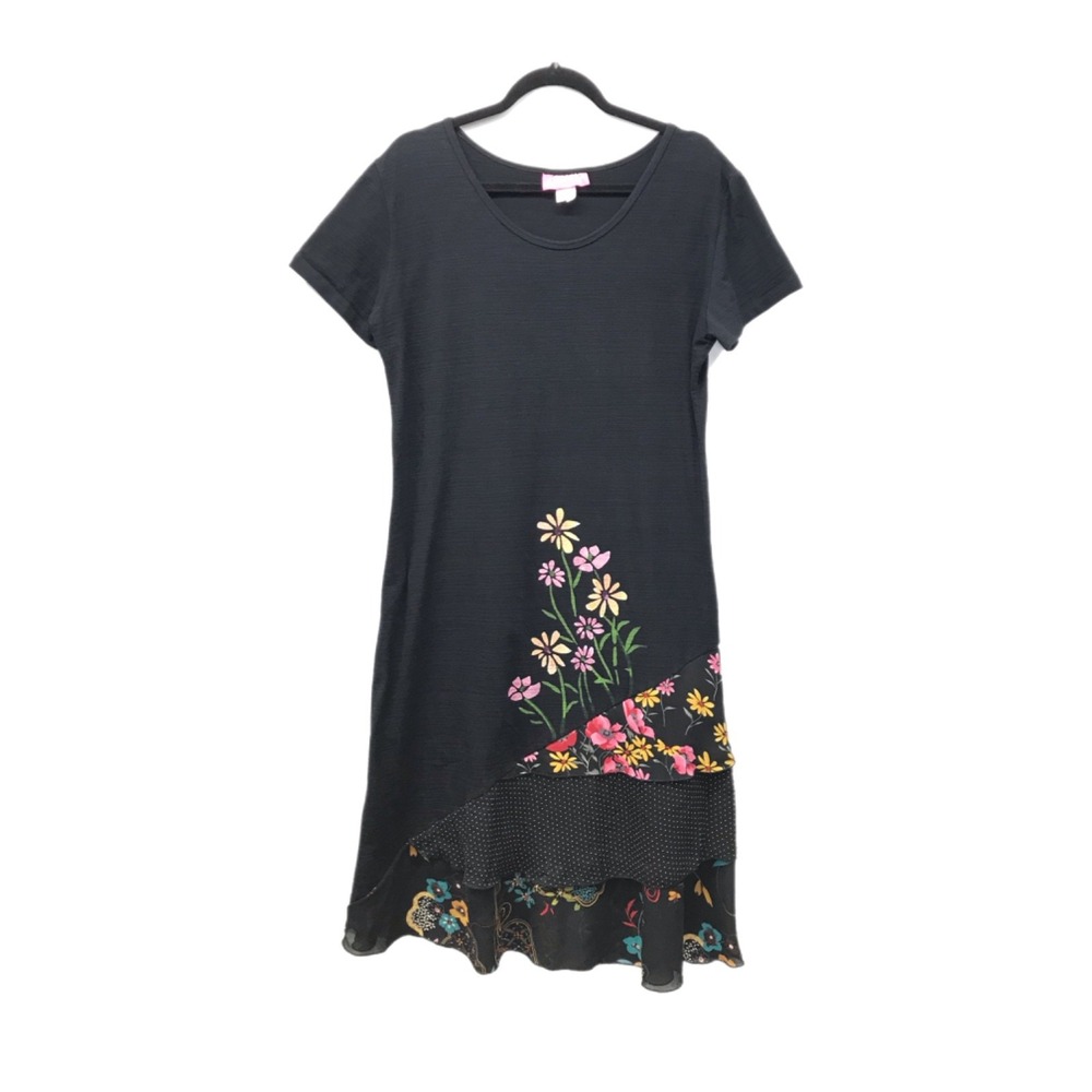 Vtg Crazy Fish Womens L Dress Lagenlook Artsy Beachy Black Boho Ruffle Floral